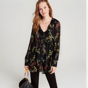 Anthropologie Maeve Jamison Ruffled Tunic Whimsigoth Black Floral Size Large